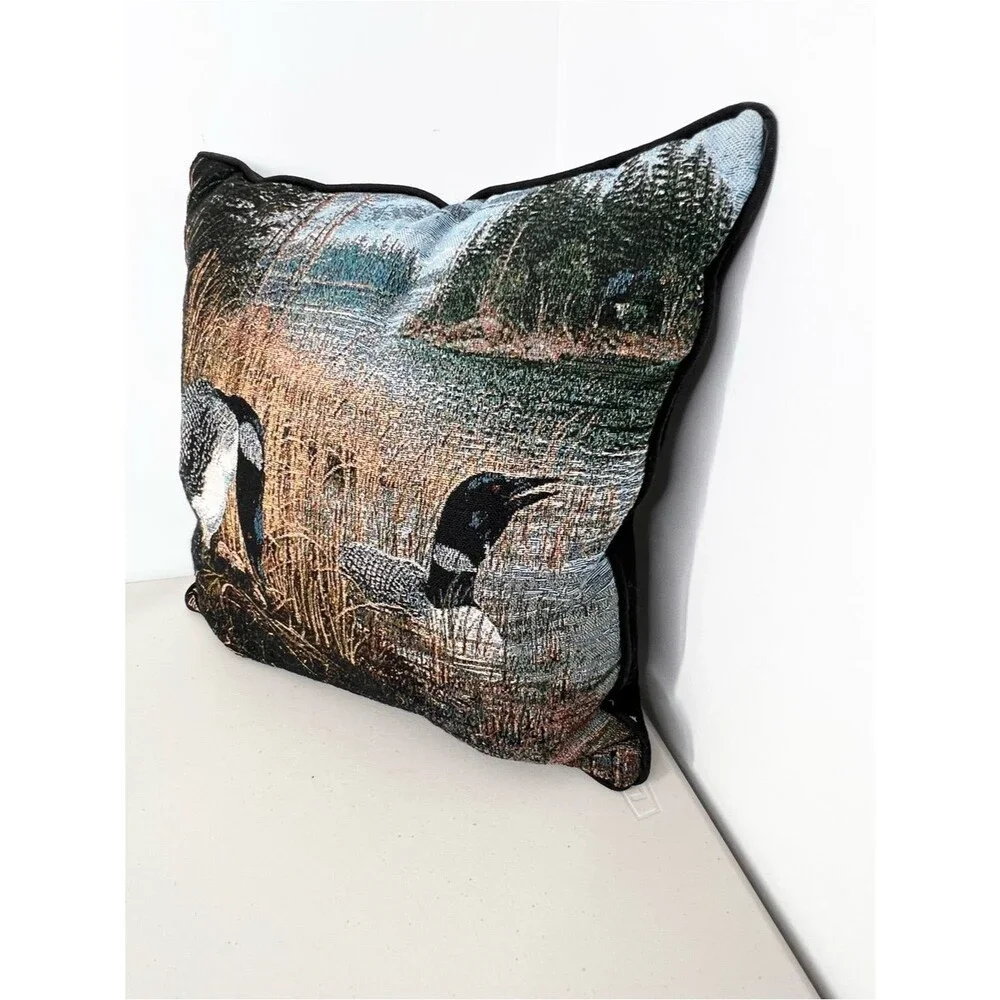 Ducks Unlimited Nesting Loon Pair Forest Rustic Cabin Tapestry Pillow 17”x17”